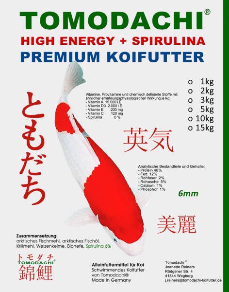 Spirulinafutter, Energiefutter Koi, Premium Koifutter High Energy +Spirulina, Farbschutz 6mm 10kg
